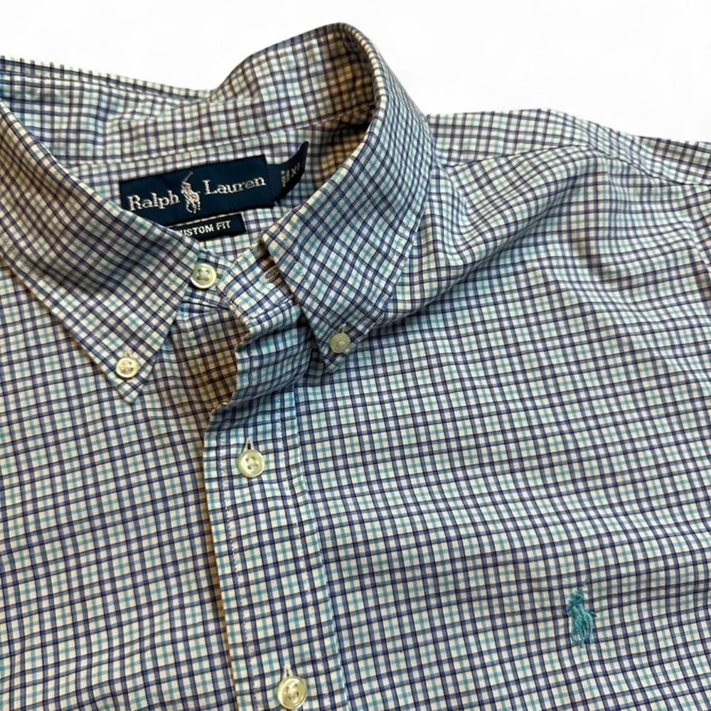 VTG Polo Ralph Lauren blue white checkered preppy casual button shirt size XL‎